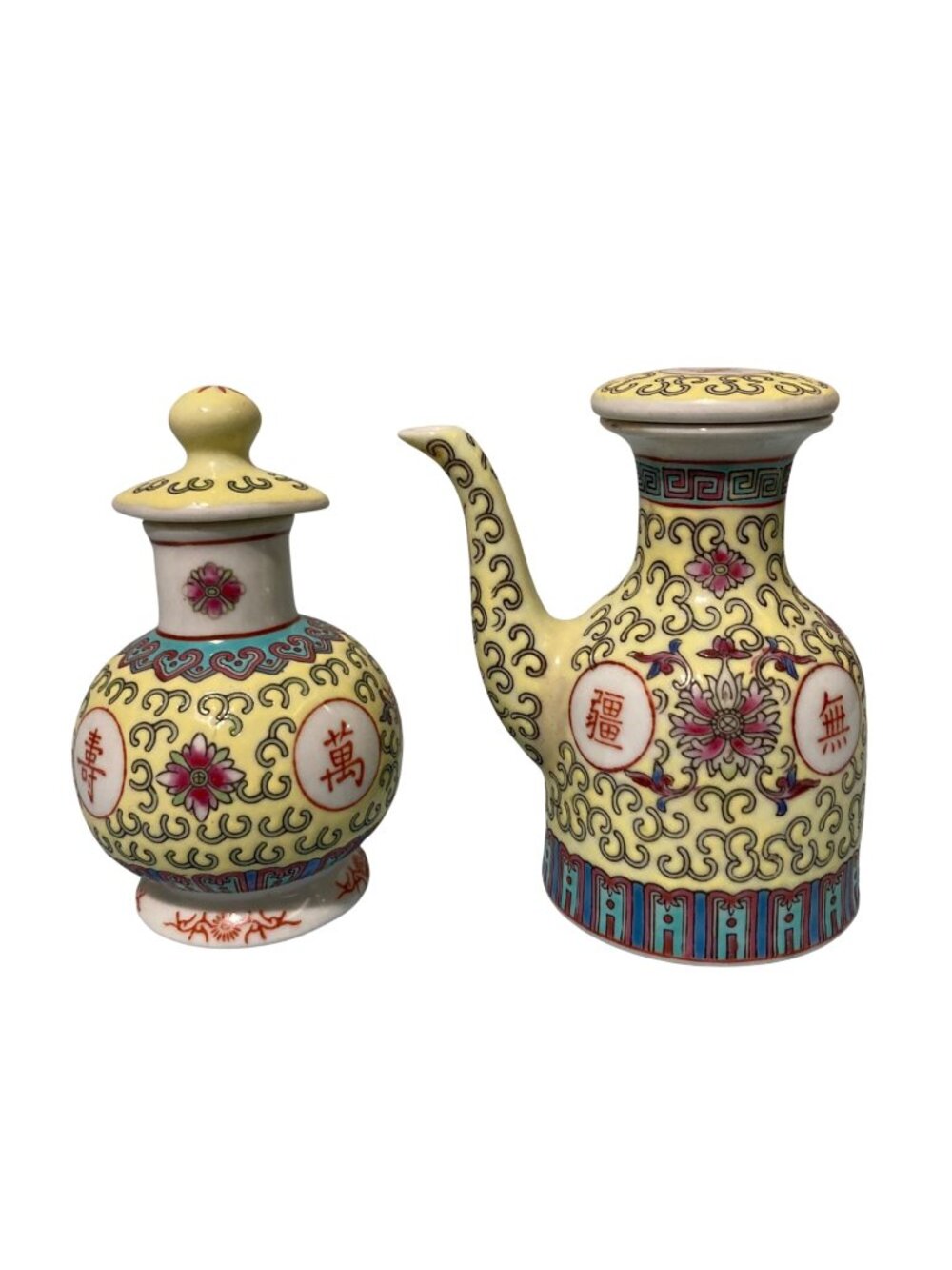 Set of 2 Famille Jaune Chinese Porcelain Yellow Soy Sauce Pot Dispenser